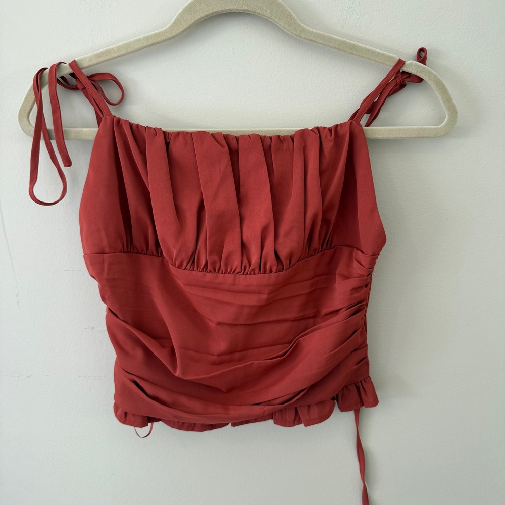 LE‎ LIS COLLECTION Ruched Crop Top Tie Shoulder Rust Orange Smocked Back Size S